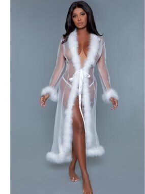 Be Wicked BW1650 White Sheer Robe with Feather Trim